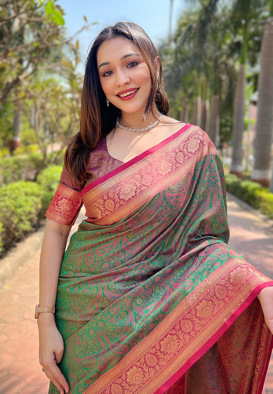 Green Soft Kashmiri Silk Zari Woven Contrast Saree