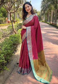 Pink Soft Kashmiri Silk Zari Woven Contrast Saree