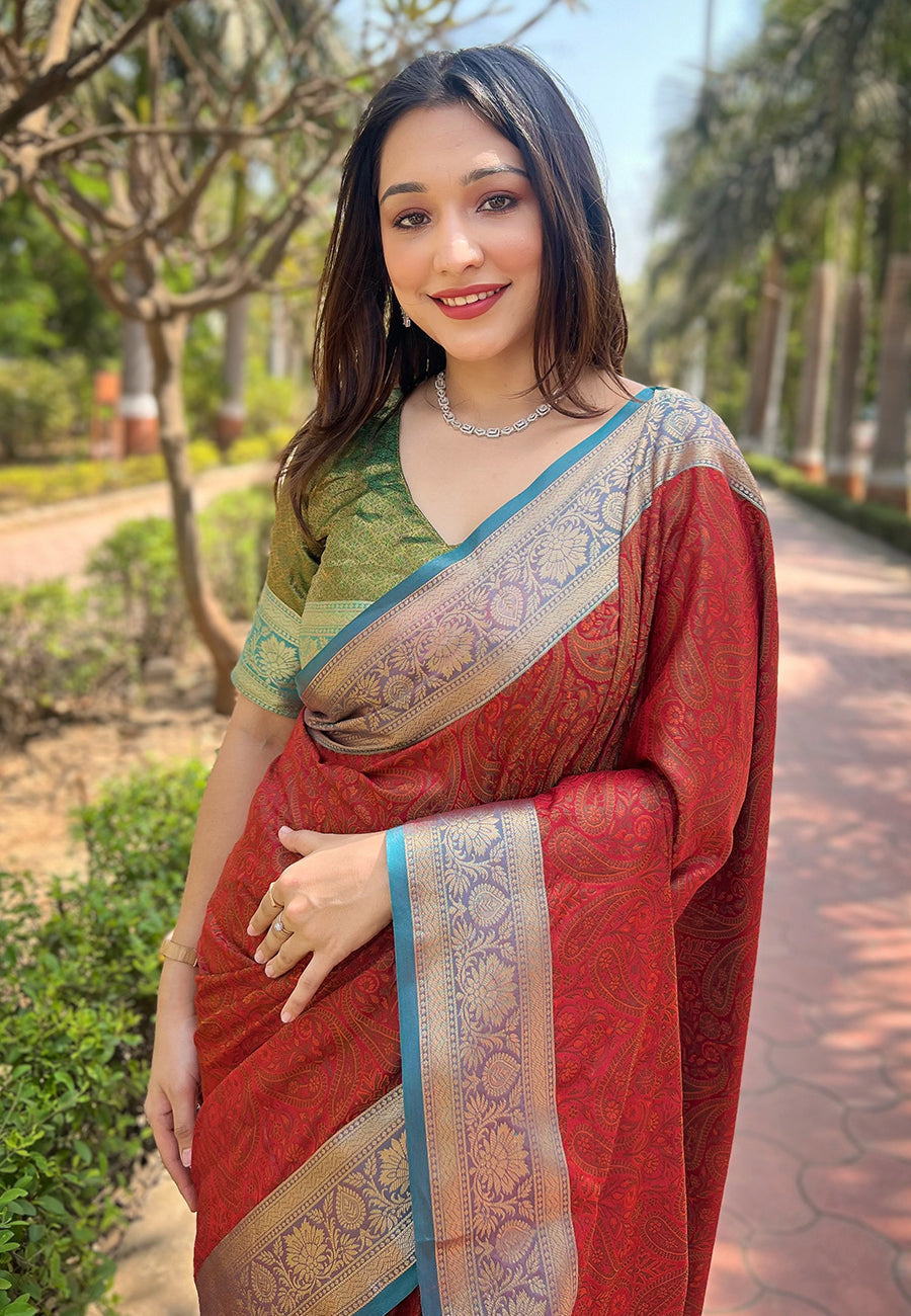 Red Soft Kashmiri Silk Zari Woven Contrast Saree