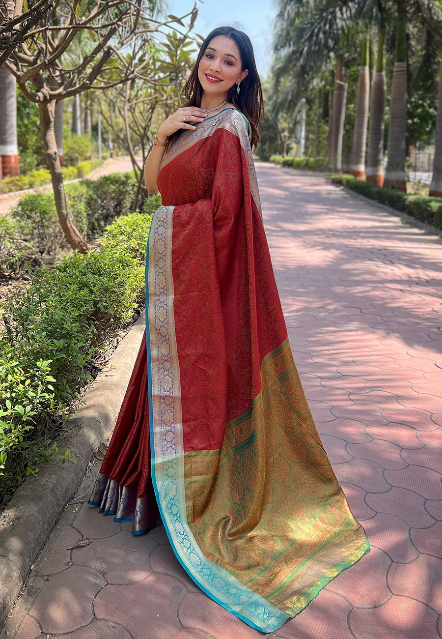 Red Soft Kashmiri Silk Zari Woven Contrast Saree