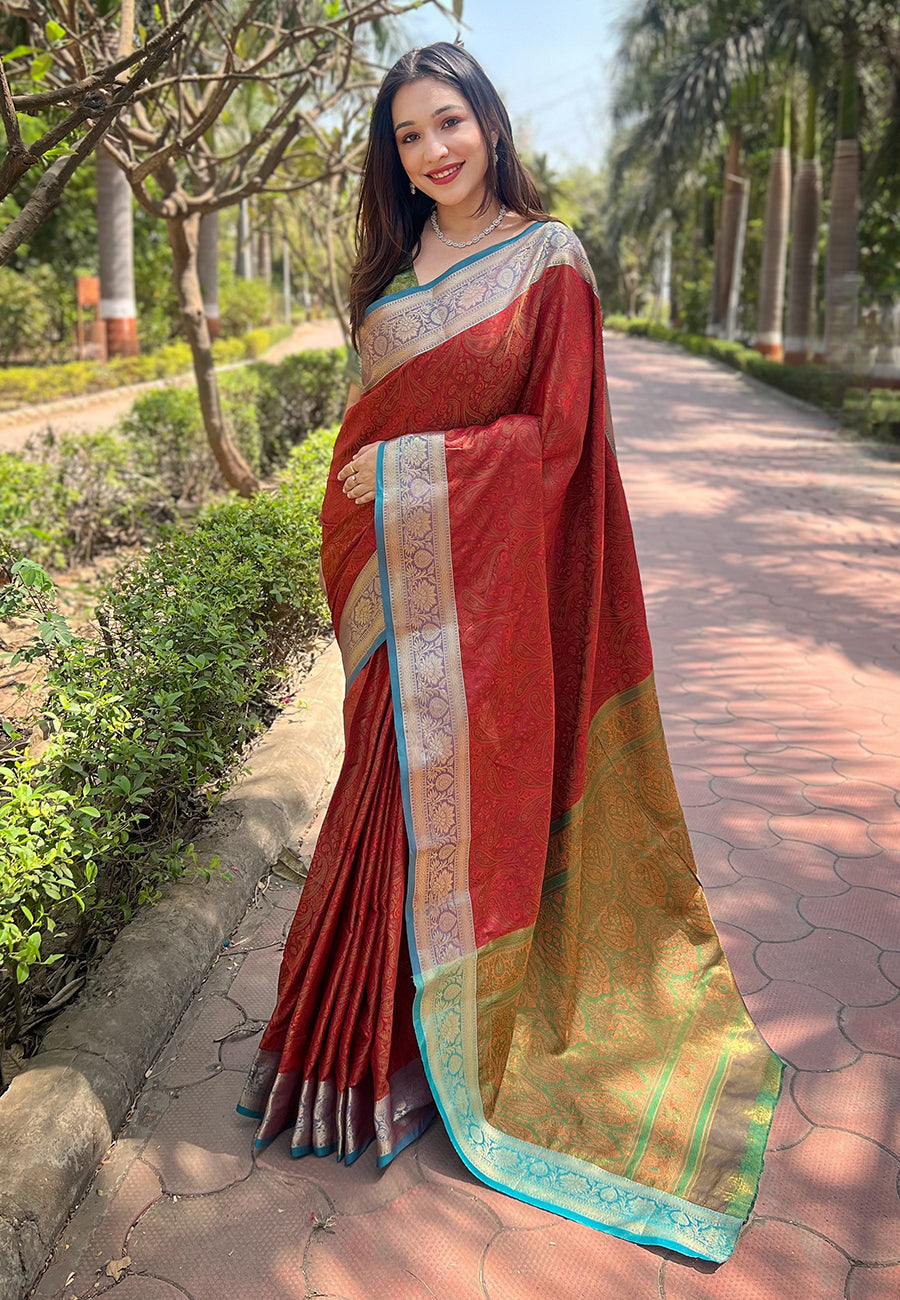 Red Soft Kashmiri Silk Zari Woven Contrast Saree