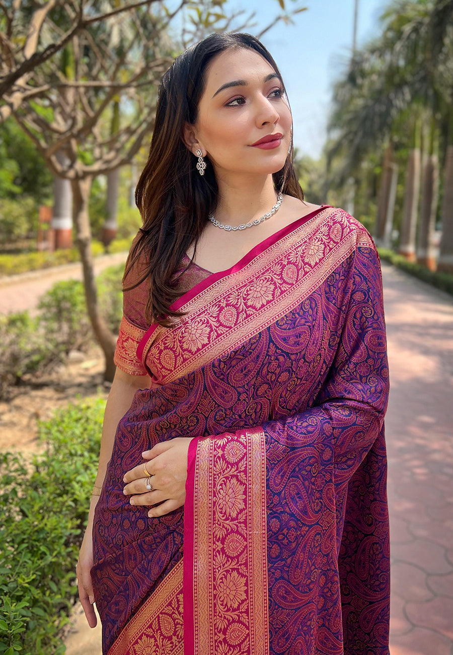 Violet Soft Kashmiri Silk Zari Woven Contrast Saree