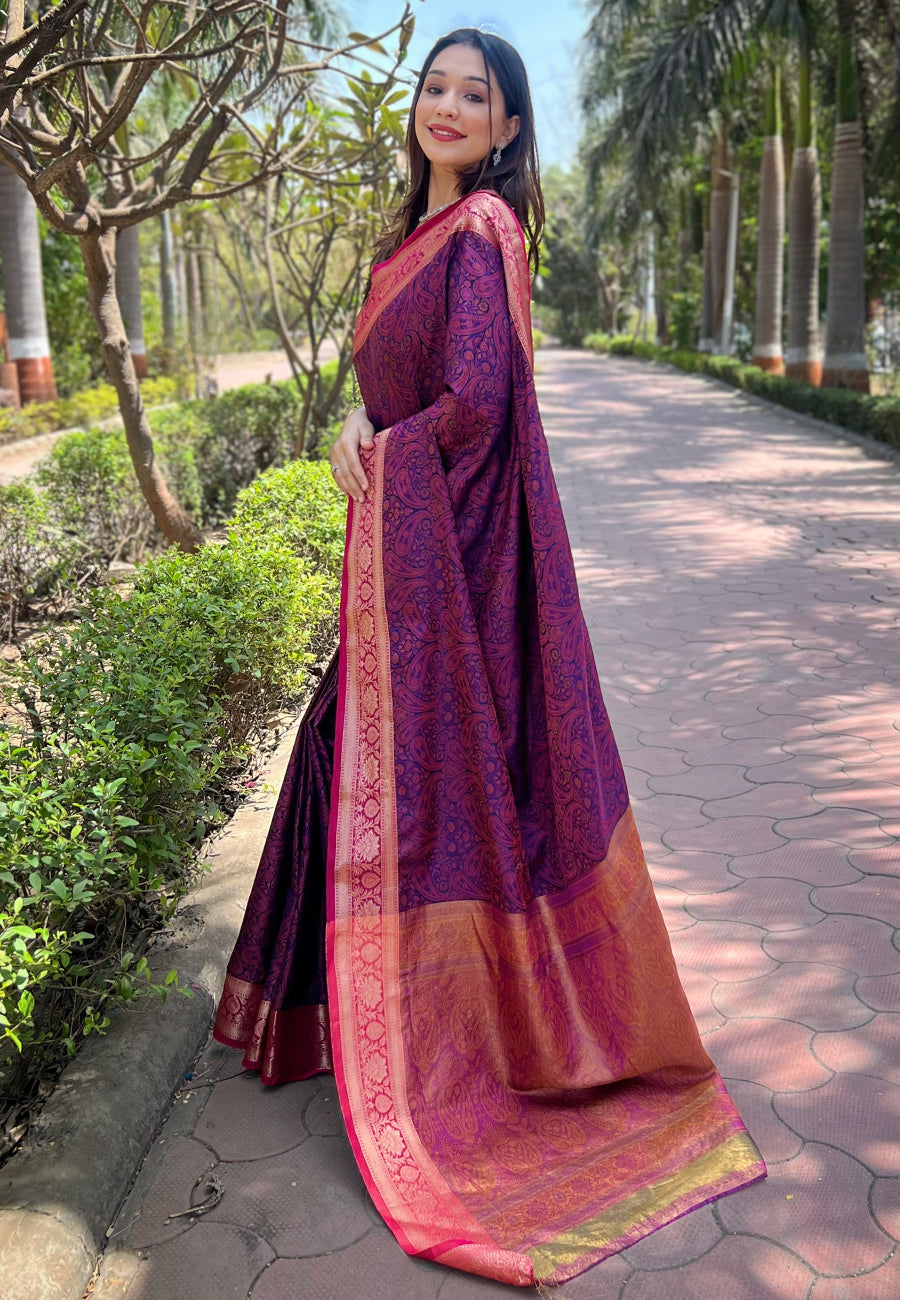 Violet Soft Kashmiri Silk Zari Woven Contrast Saree