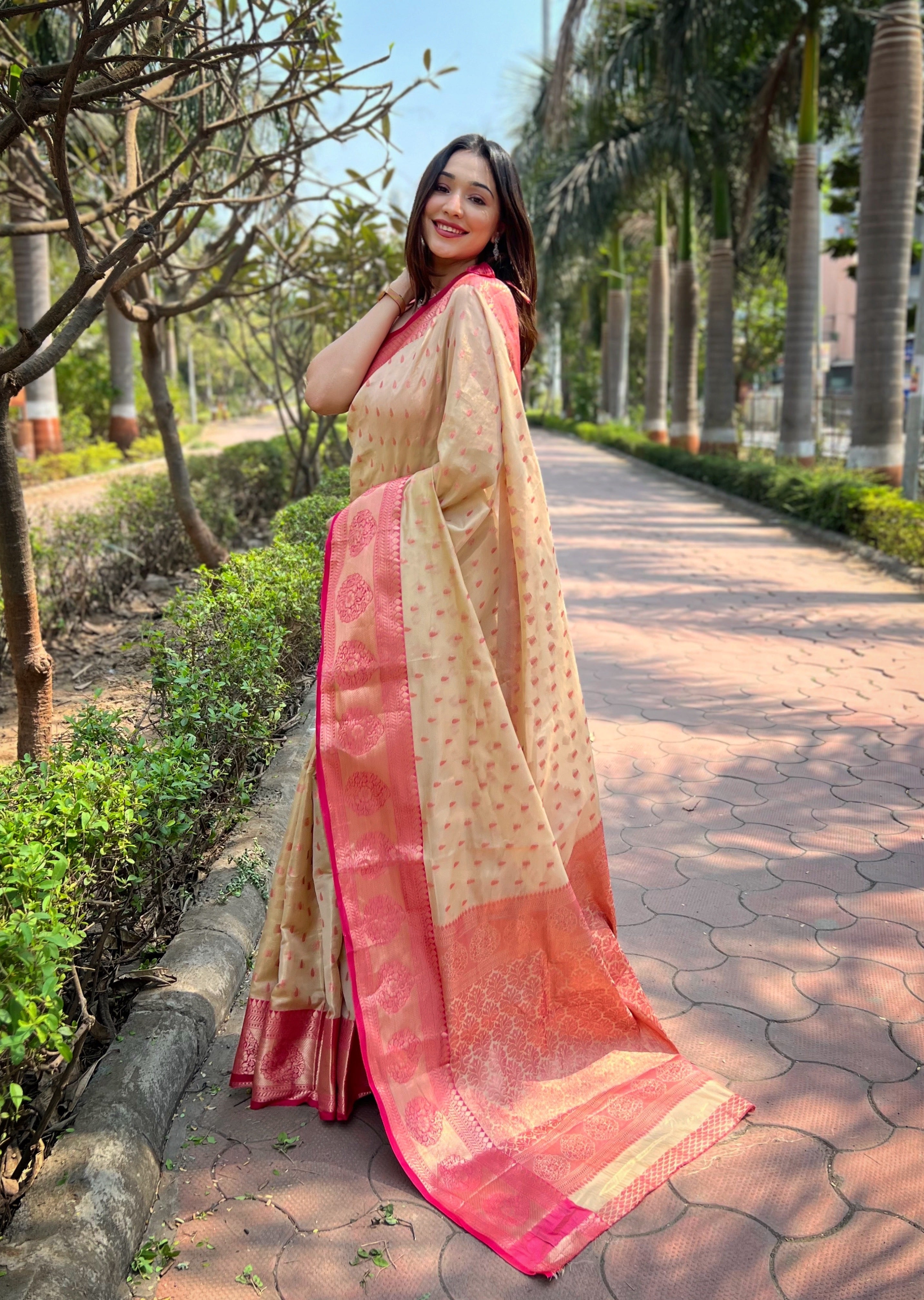 Beige Kanchipuram Tissue Silk Traditional Zari Woven Saree
