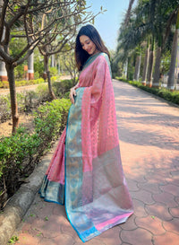 Pink Kanchipuram Tissue Silk Traditional Zari Woven Saree