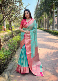 Sea Green Kanchipuram Tissue Silk Traditional Zari Woven Saree