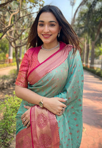 Sea Green Kanchipuram Tissue Silk Traditional Zari Woven Saree