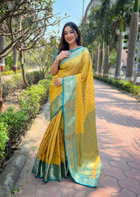 Yellow Kanchipuram Tissue Silk Traditional Zari Woven Saree