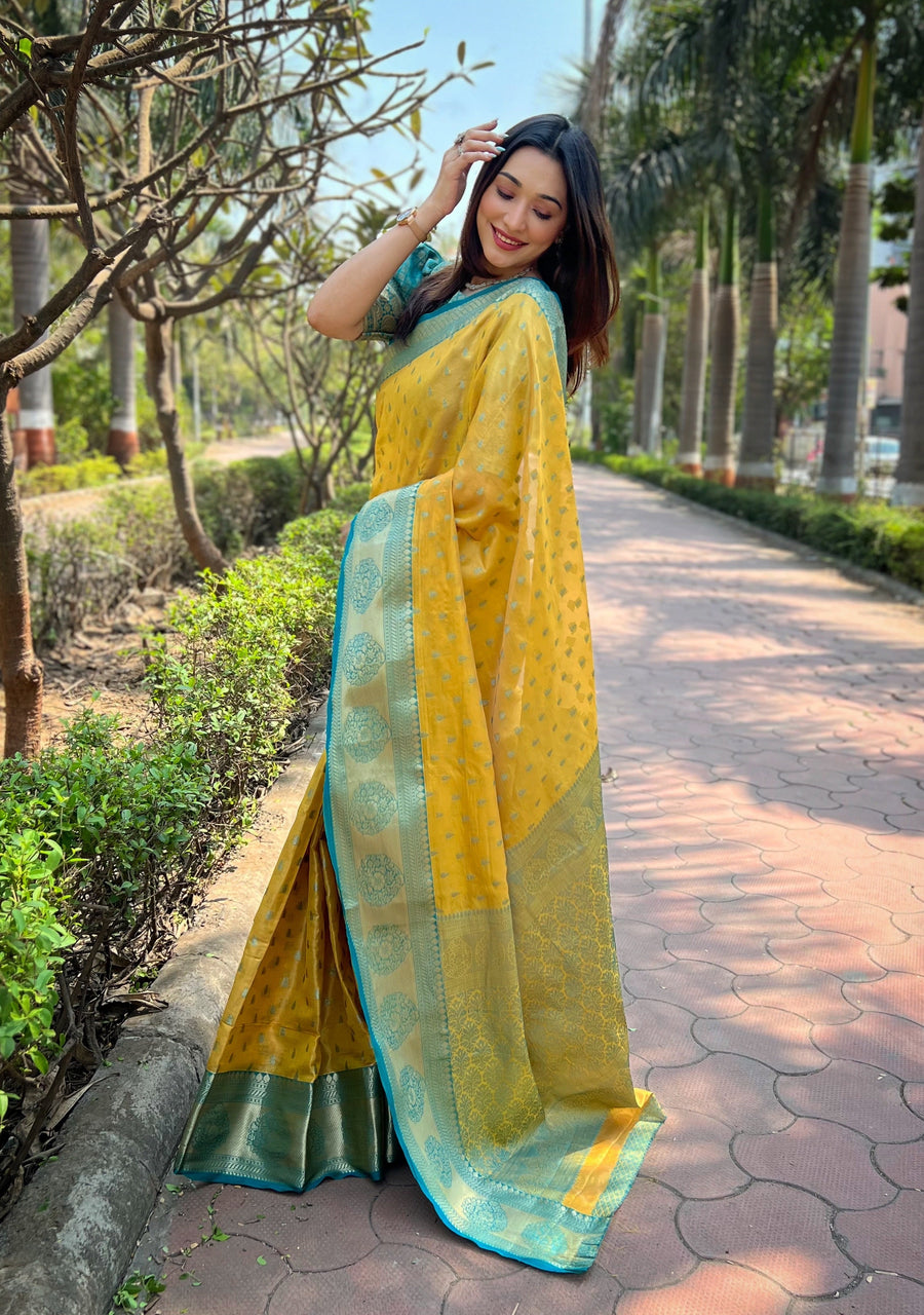 Yellow Kanchipuram Tissue Silk Traditional Zari Woven Saree