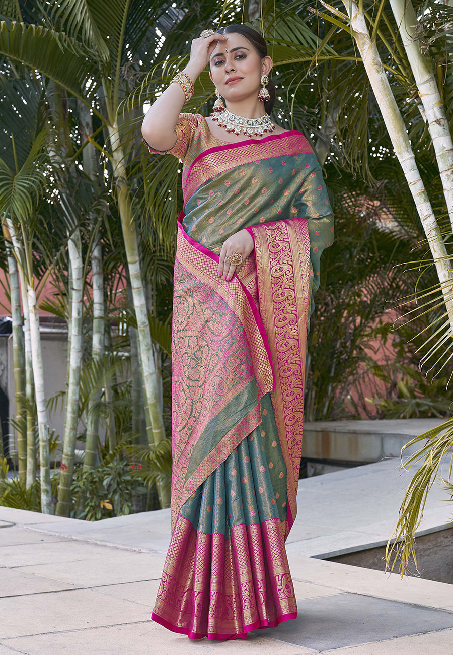 Grey Colour Kanchipuram Tissue Silk Saree