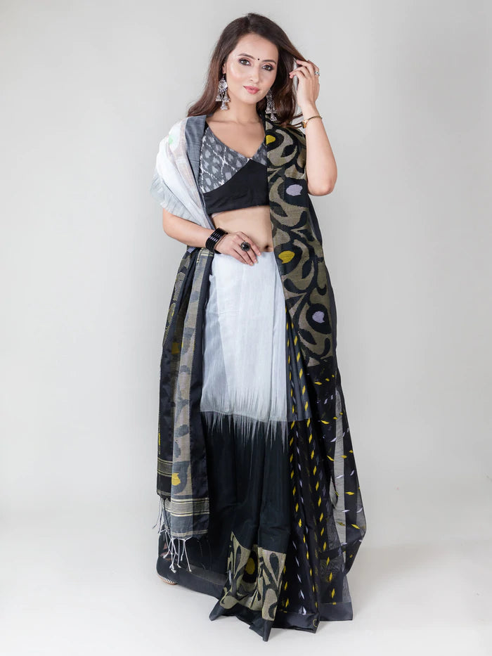 Black And White Bold Cloud Ajrakh Handmade Cotton Saree