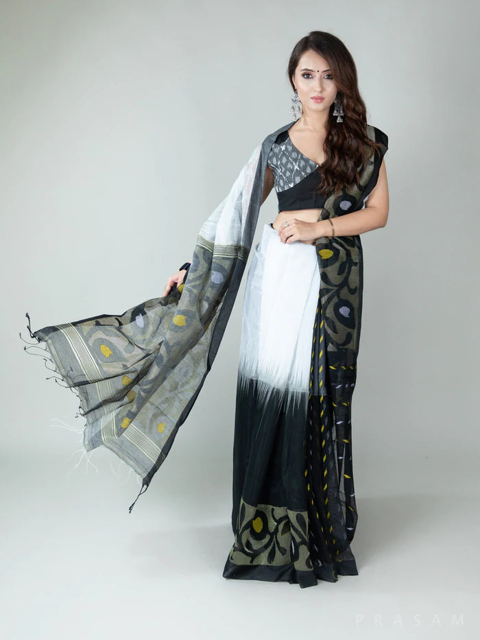 Black And White Bold Cloud Ajrakh Handmade Cotton Saree