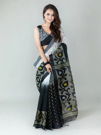 Black And White Bold Cloud Ajrakh Handmade Cotton Saree