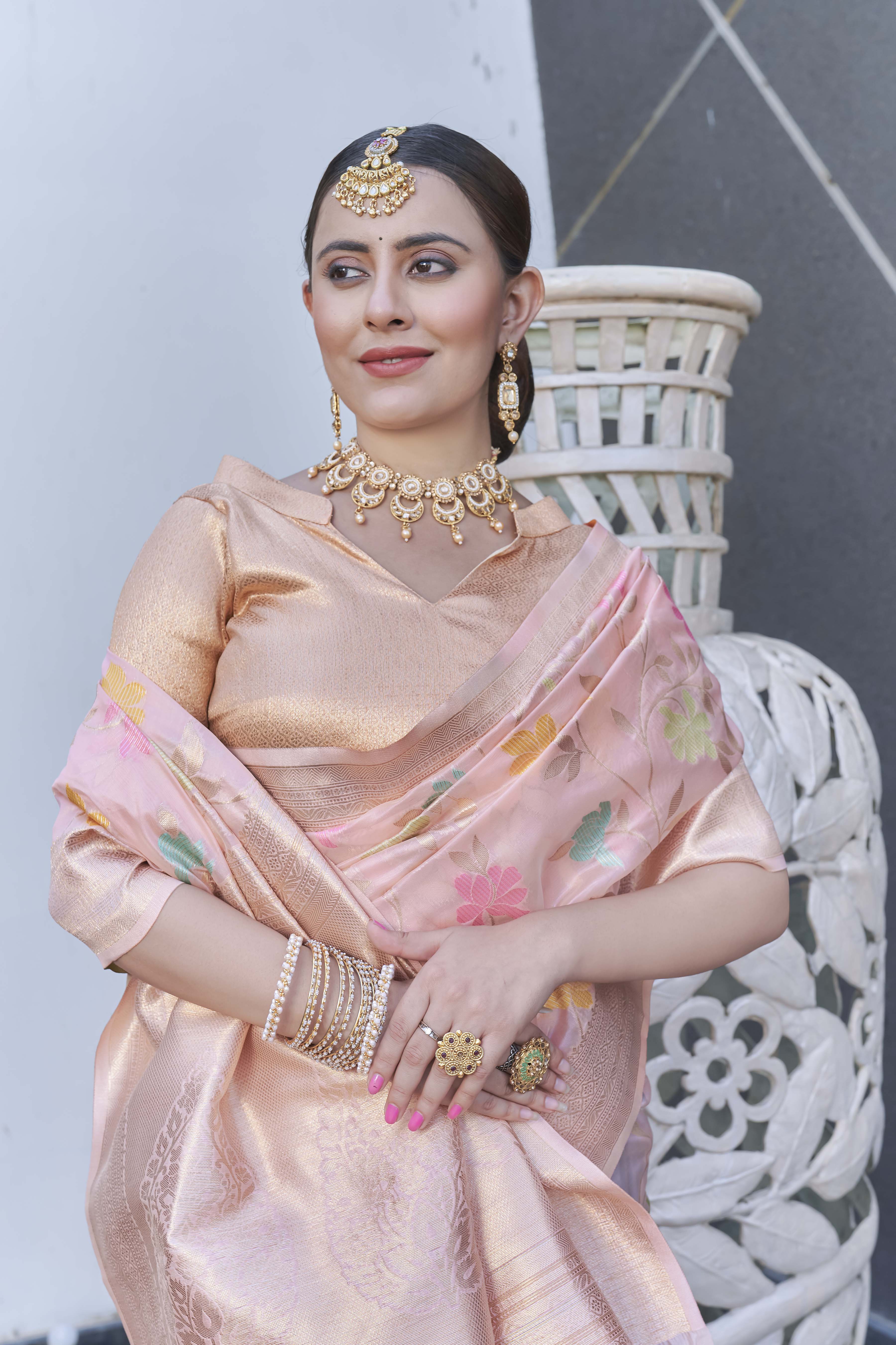 Baby Pink Organza Jaal Zari Woven Saree