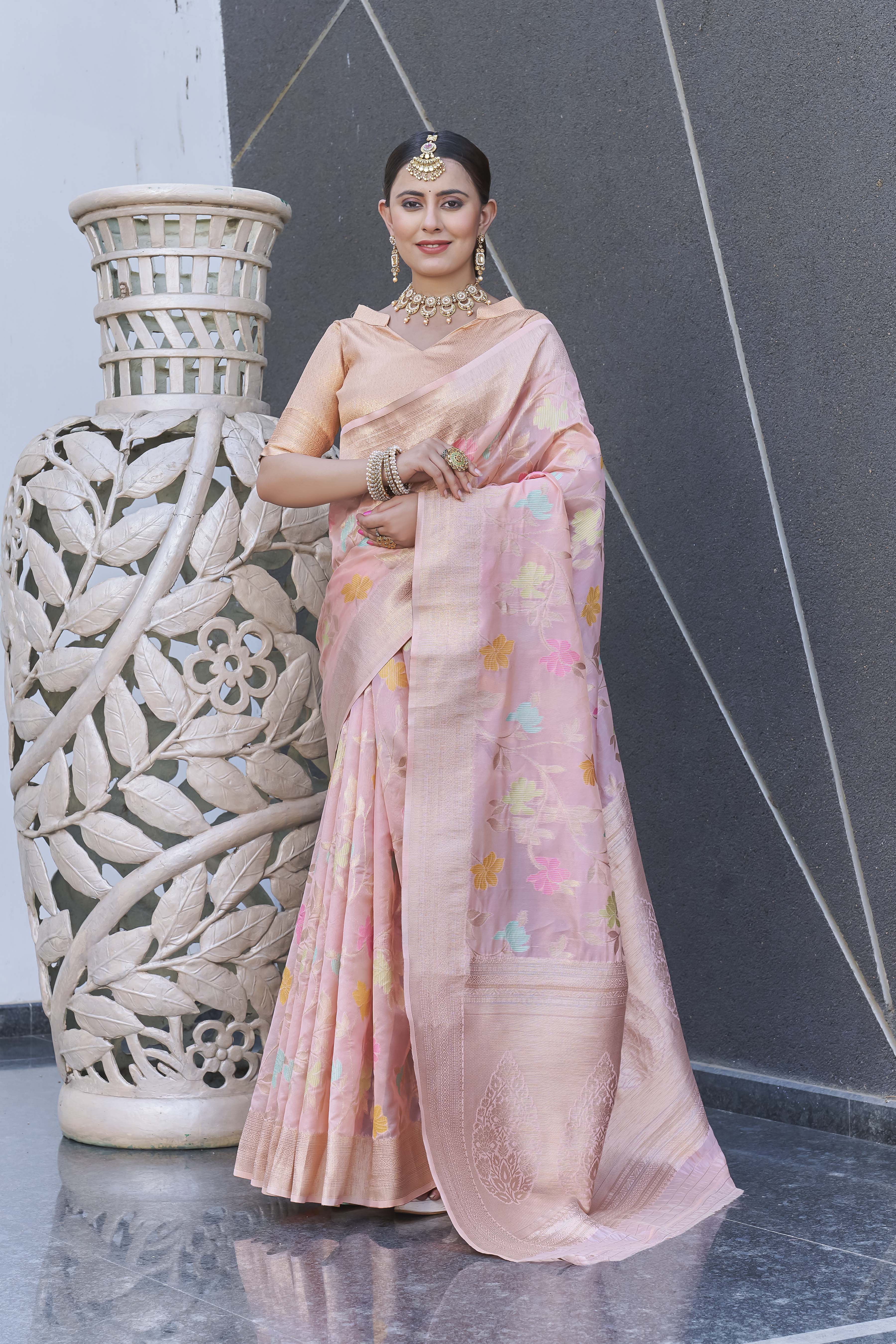 Baby Pink Organza Jaal Zari Woven Saree
