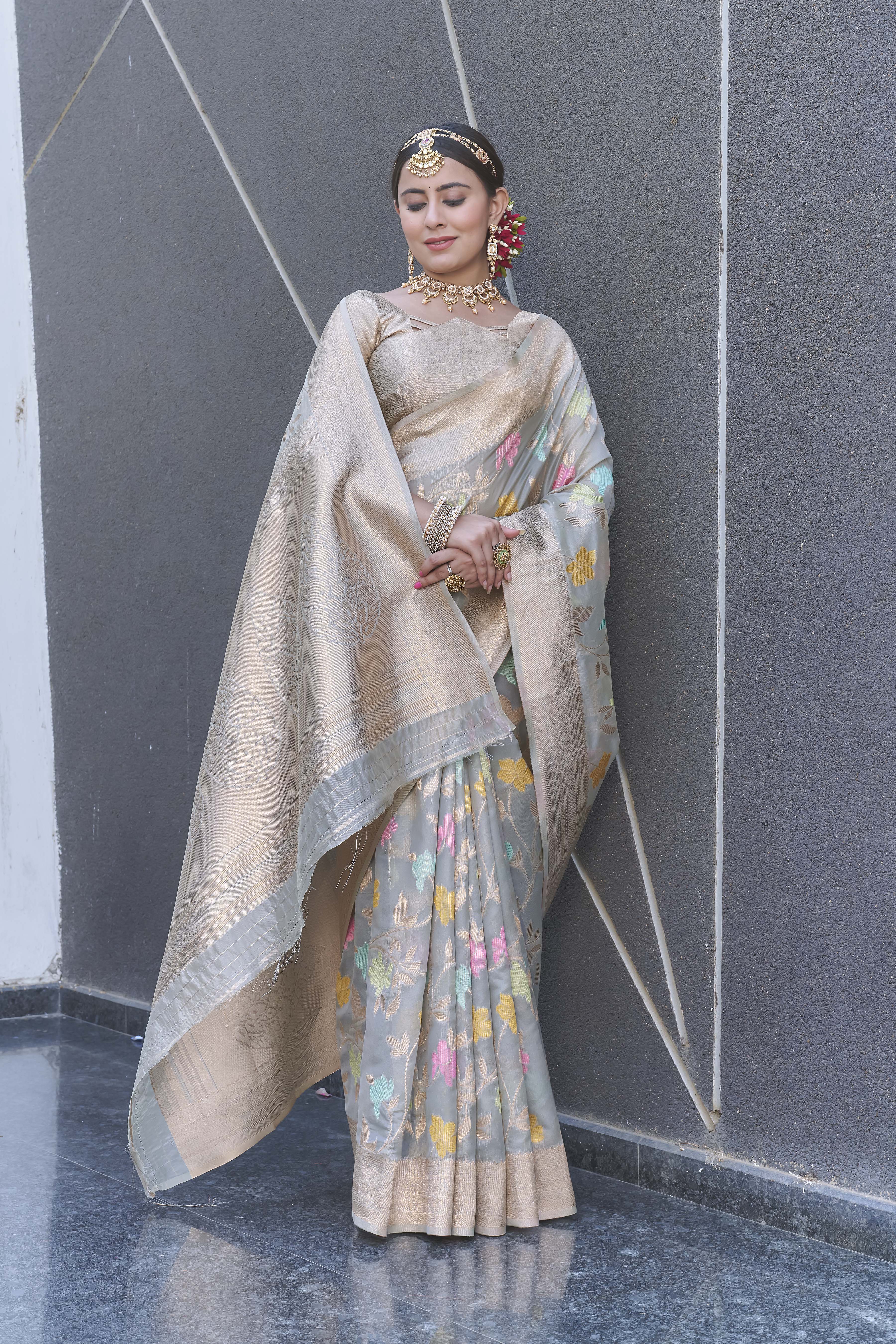 Grey Organza Jaal Zari Woven Saree