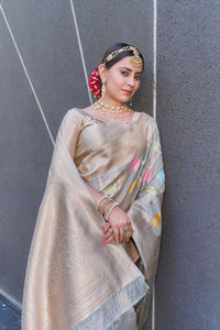 Grey Organza Jaal Zari Woven Saree