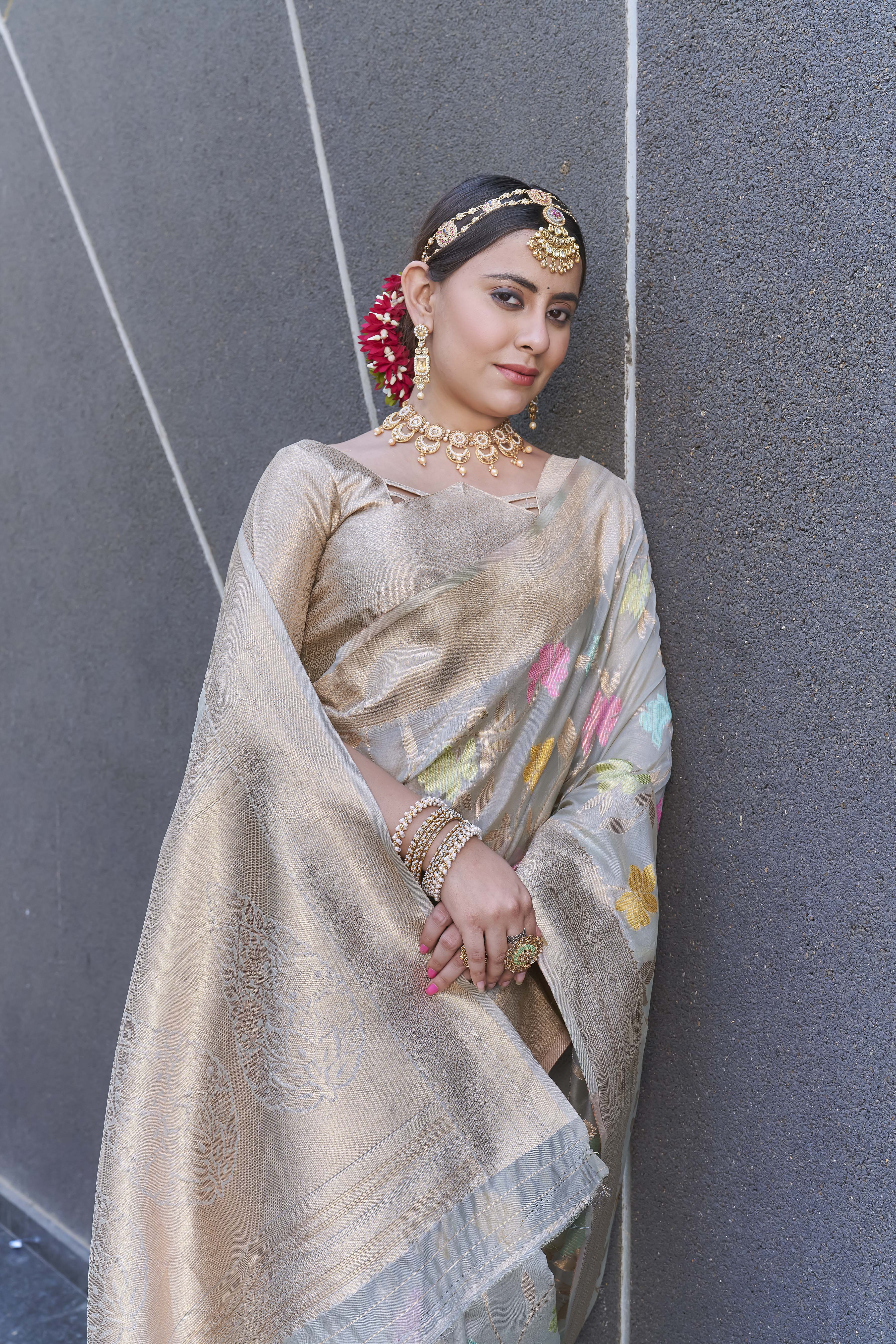 Grey Organza Jaal Zari Woven Saree