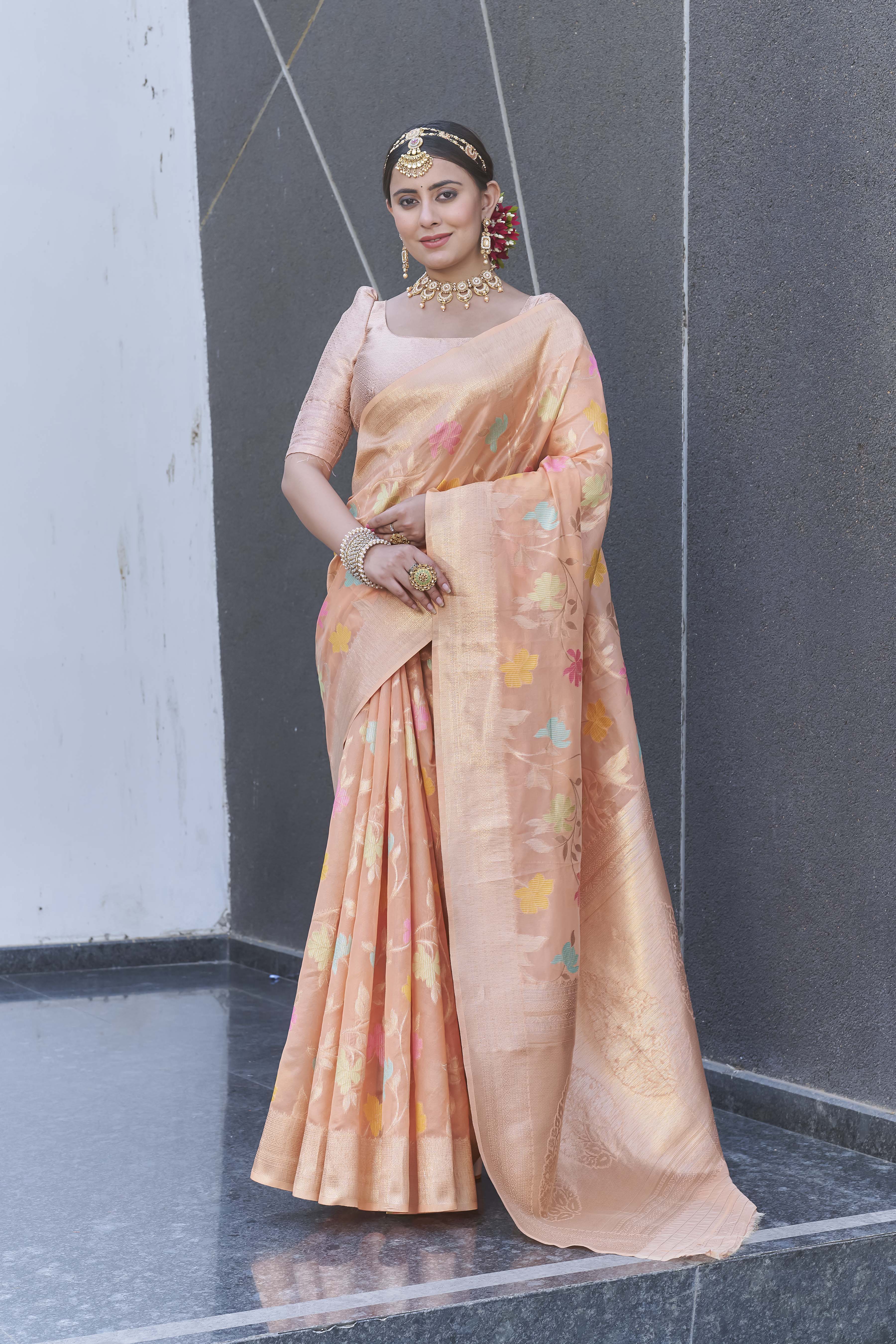 Peach Organza Jaal Zari Woven Saree