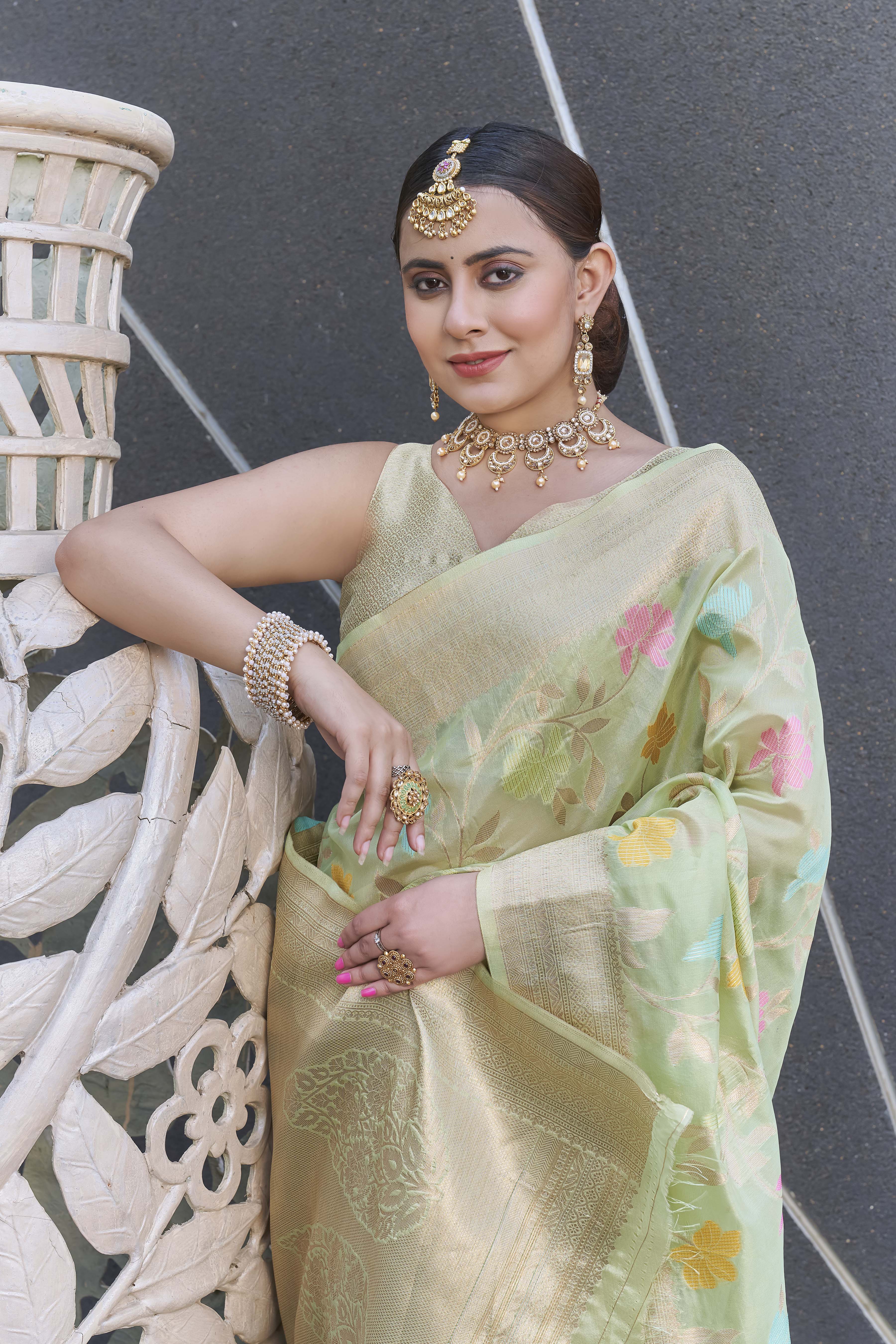 Pastel Green Organza Jaal Zari Woven Saree