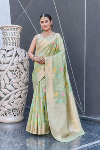 Pastel Green Organza Jaal Zari Woven Saree
