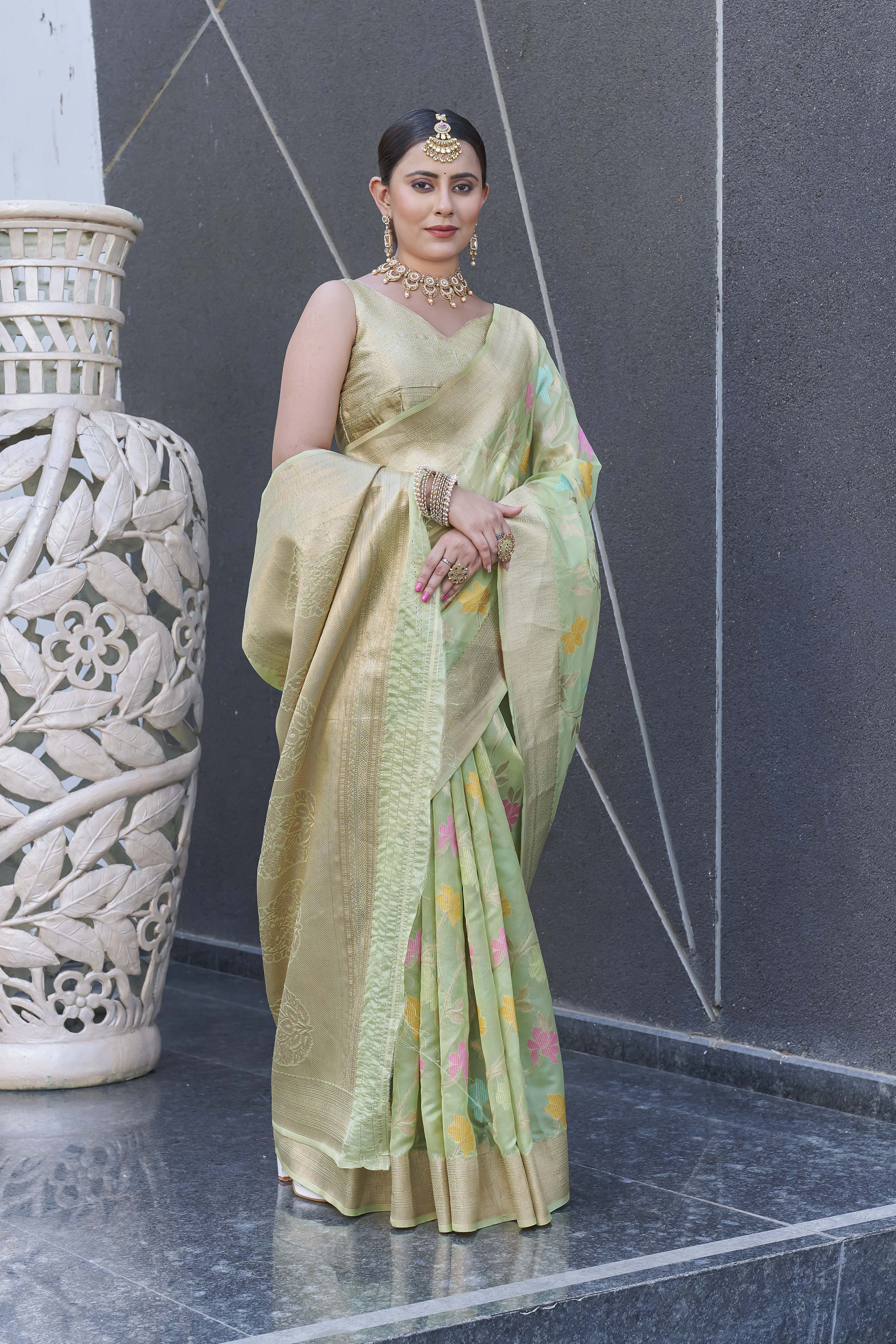 Pastel Green Organza Jaal Zari Woven Saree