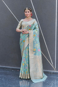 Sky Blue Organza Jaal Zari Woven Saree