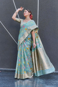 Sky Blue Organza Jaal Zari Woven Saree