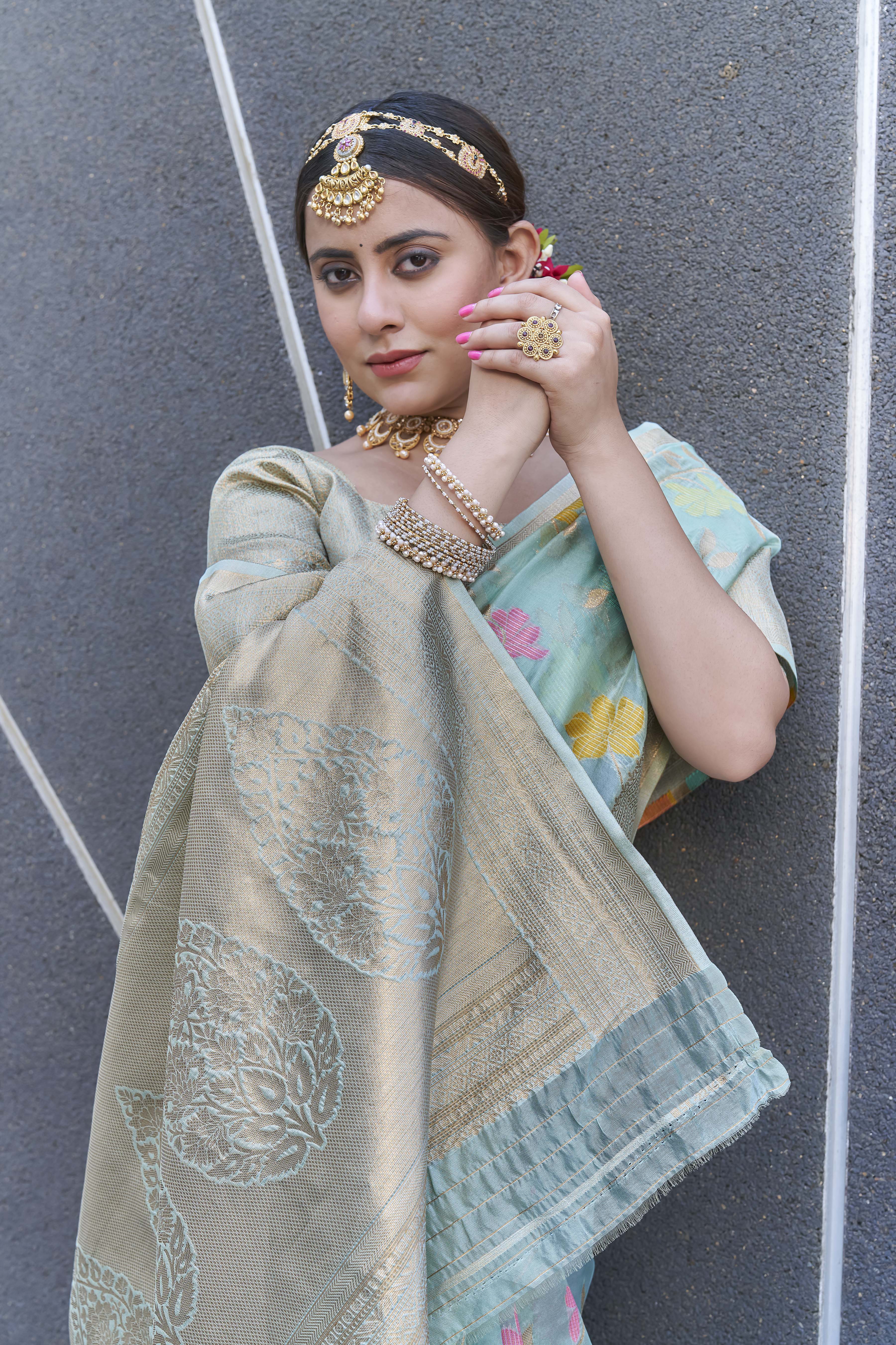 Sky Blue Organza Jaal Zari Woven Saree
