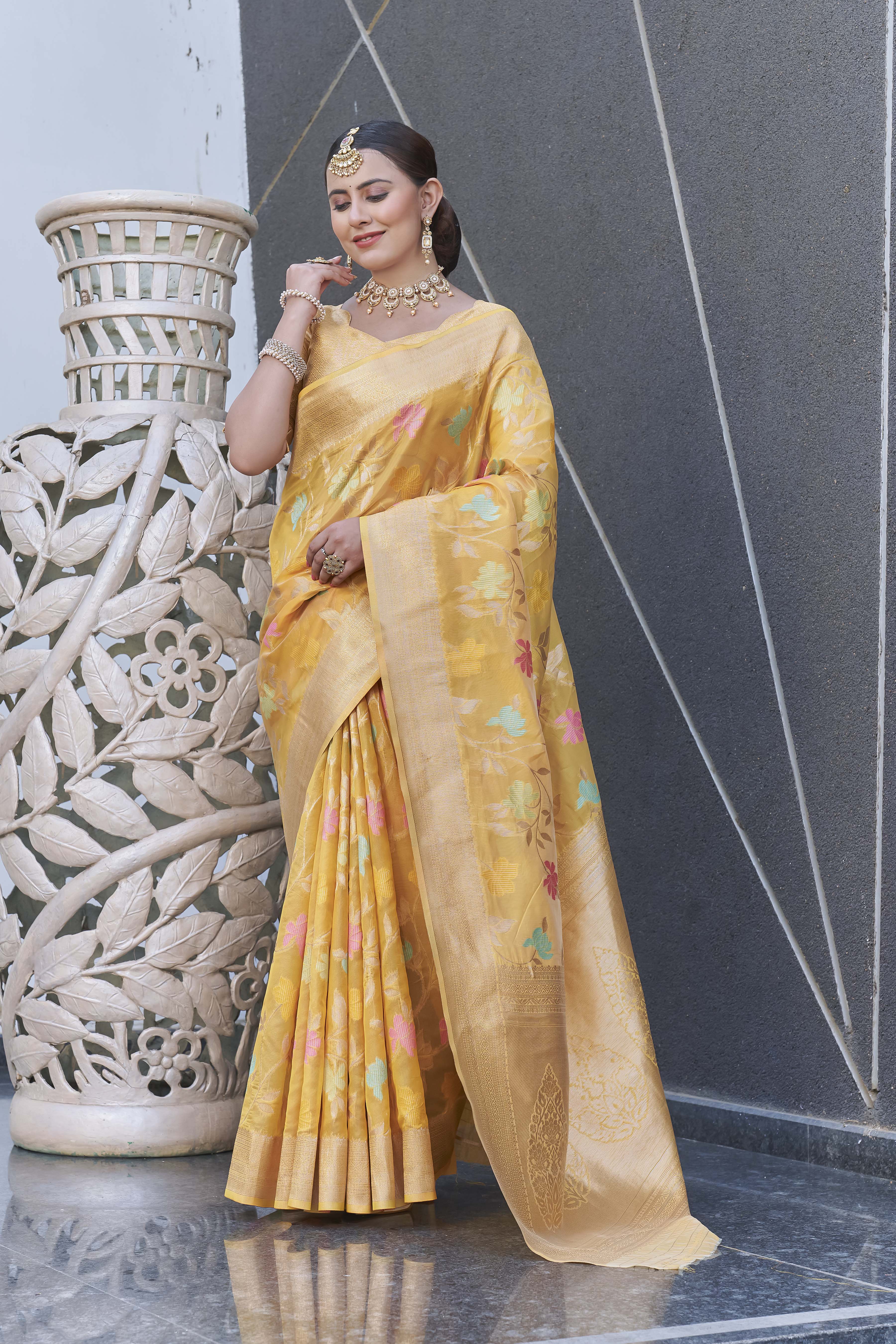 Yellow Organza Jaal Zari Woven Saree