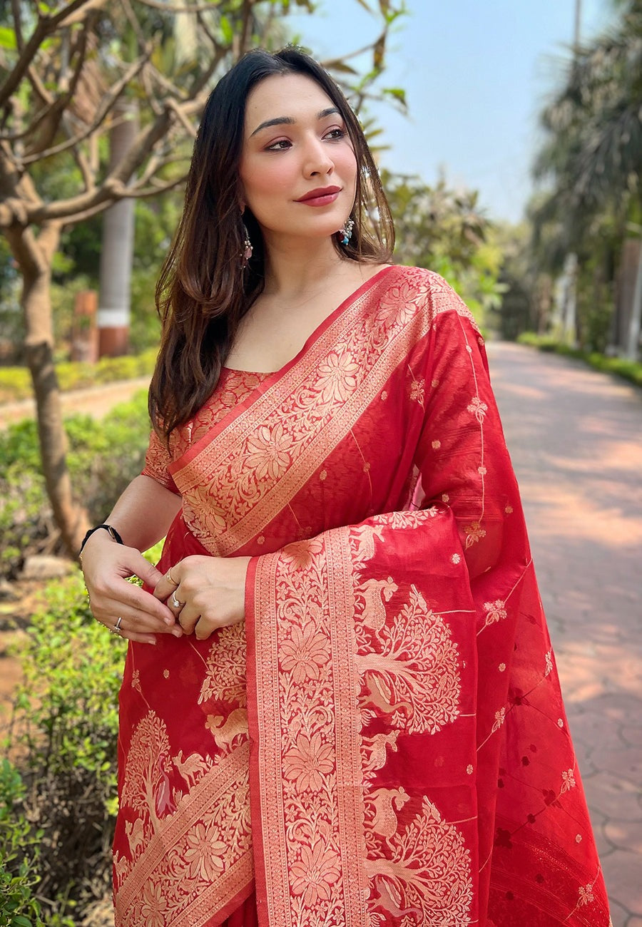 Red Organza Floral Rainbow Zari Woven Unique Saree
