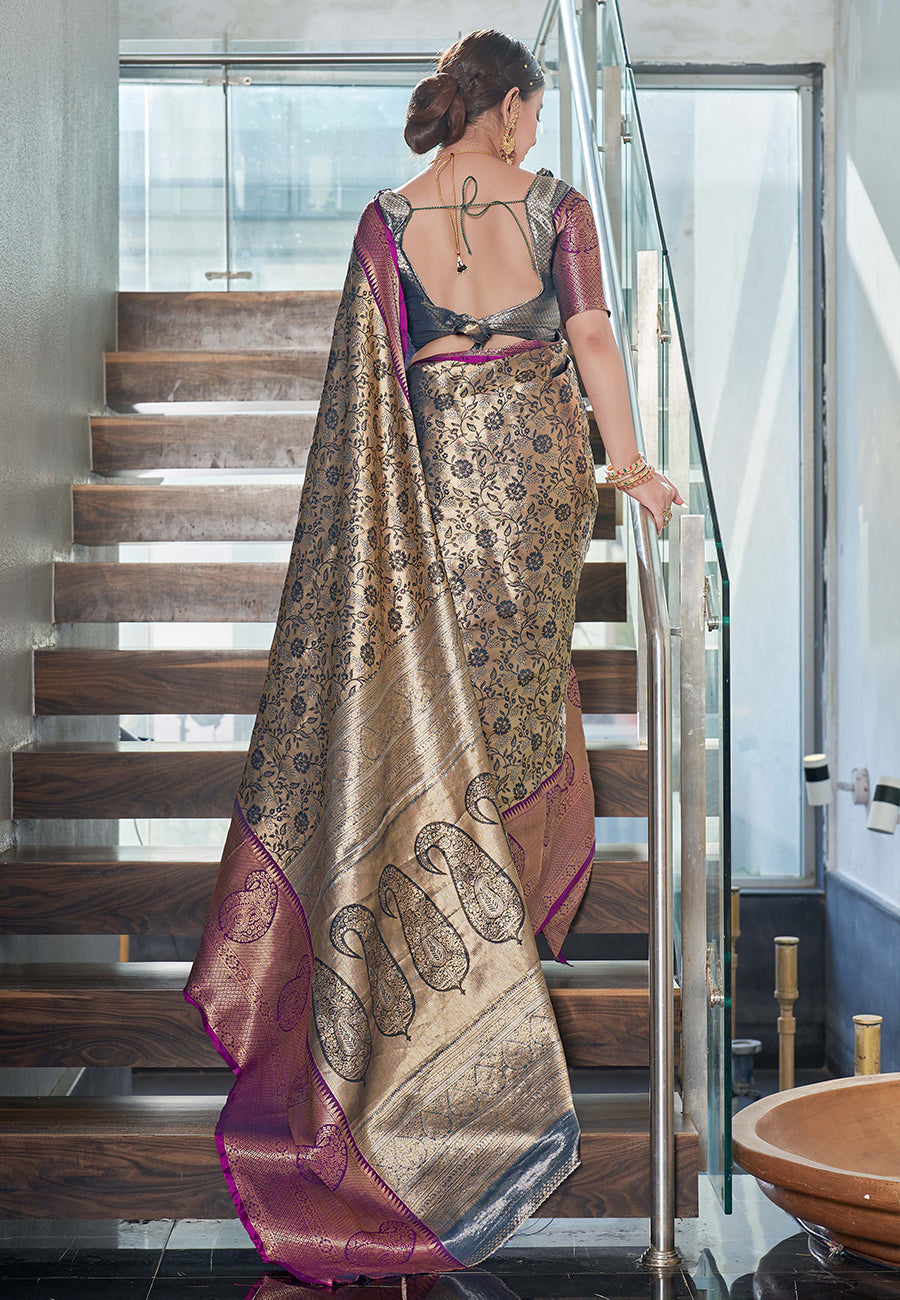 Kanchipuram Silk Jaal Rich Zari Woven Navy Colour Saree
