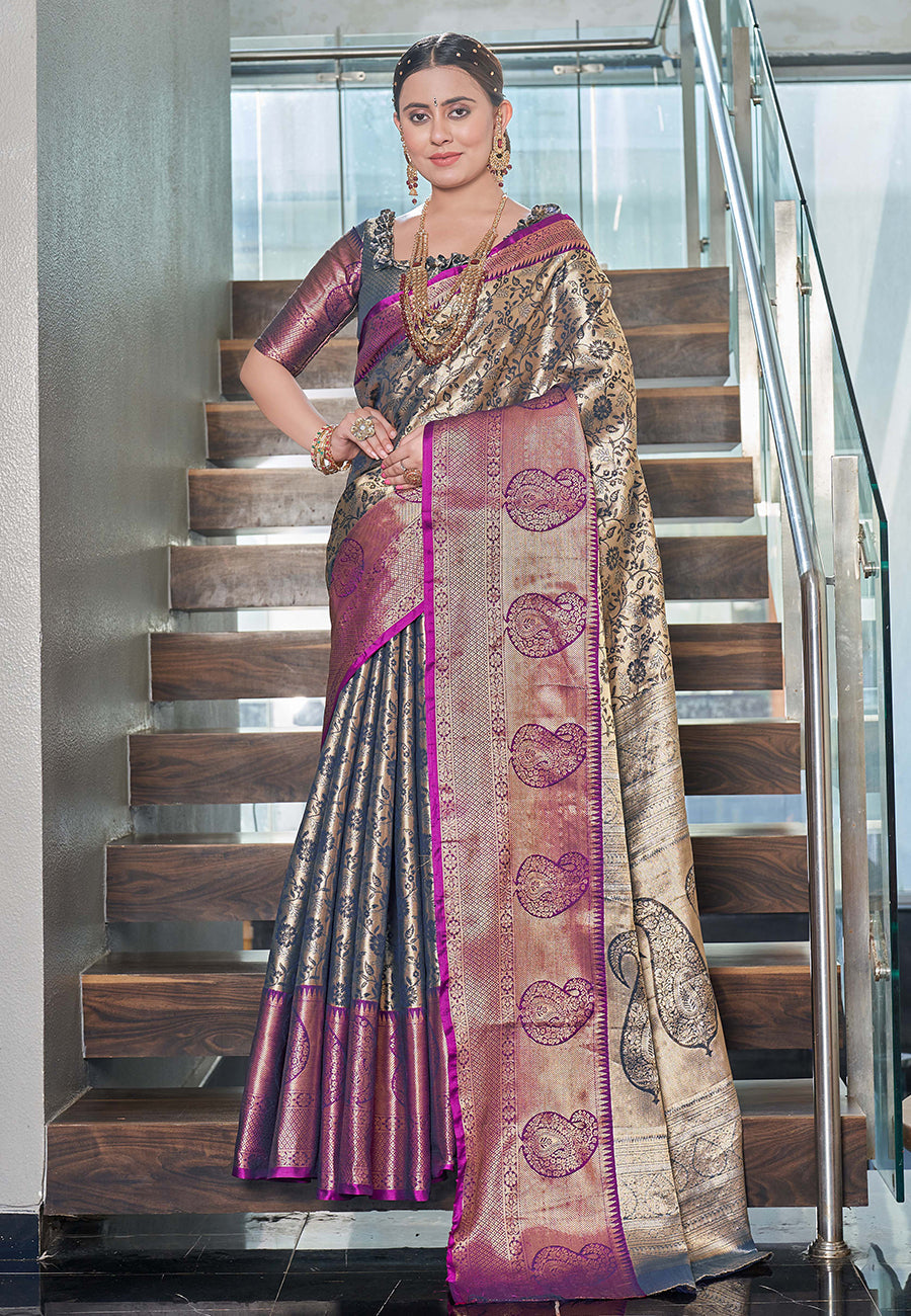 Kanchipuram Silk Jaal Rich Zari Woven Navy Colour Saree