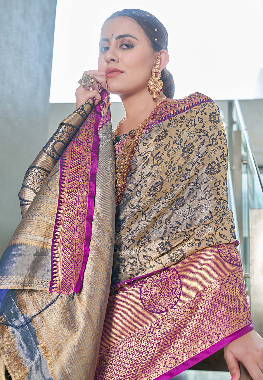 Kanchipuram Silk Jaal Rich Zari Woven Navy Colour Saree
