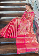 Kanchipuram Silk Jaal Rich Zari Woven Pink Colour Saree