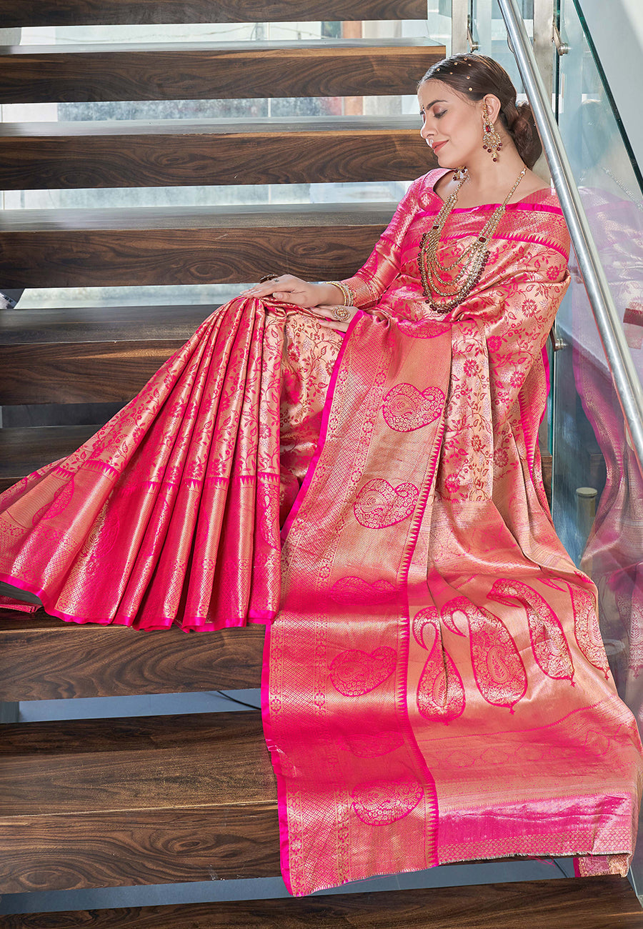 Kanchipuram Silk Jaal Rich Zari Woven Pink Colour Saree