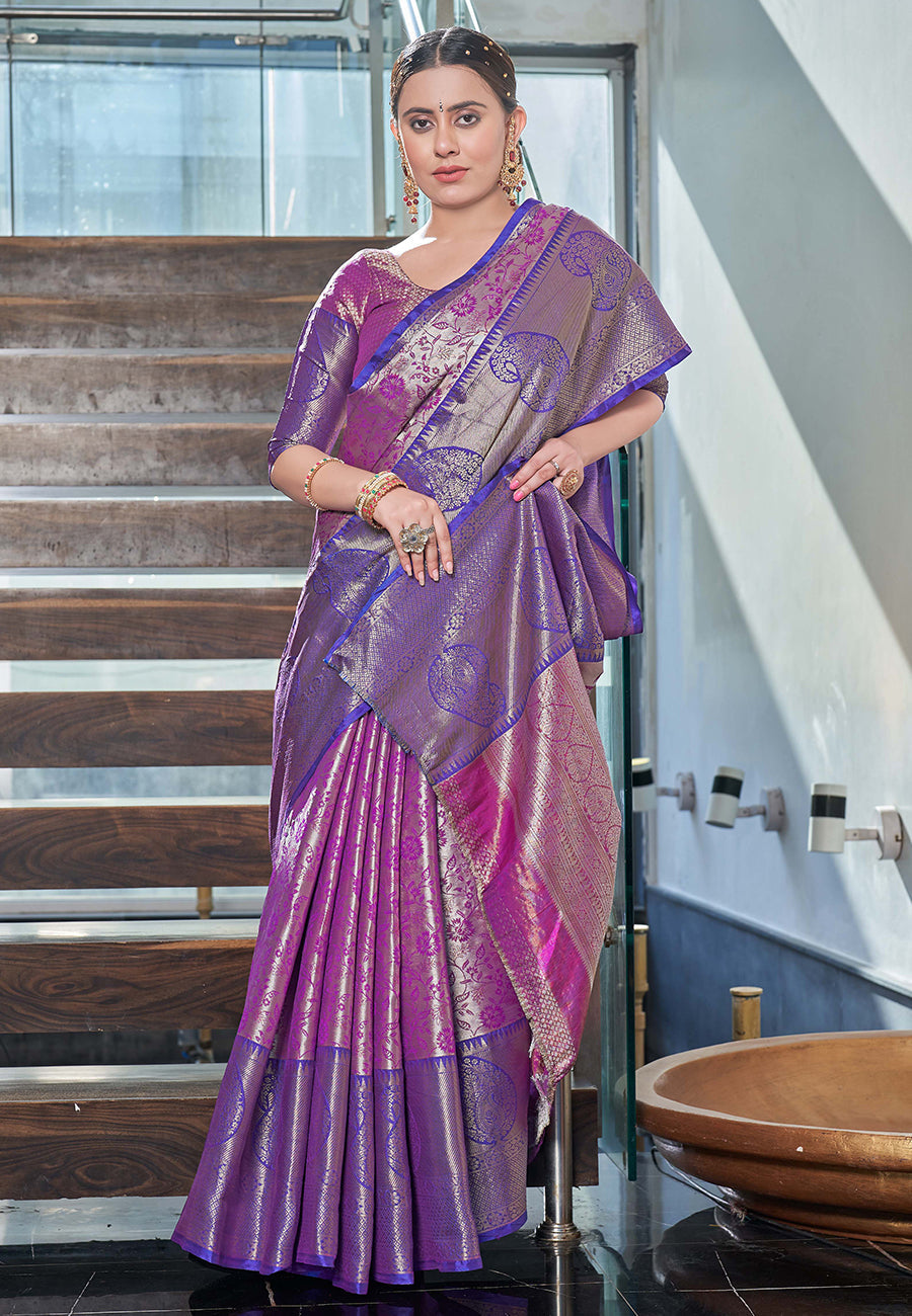 Kanchipuram Silk Jaal Rich Zari Woven Purple Colour Saree
