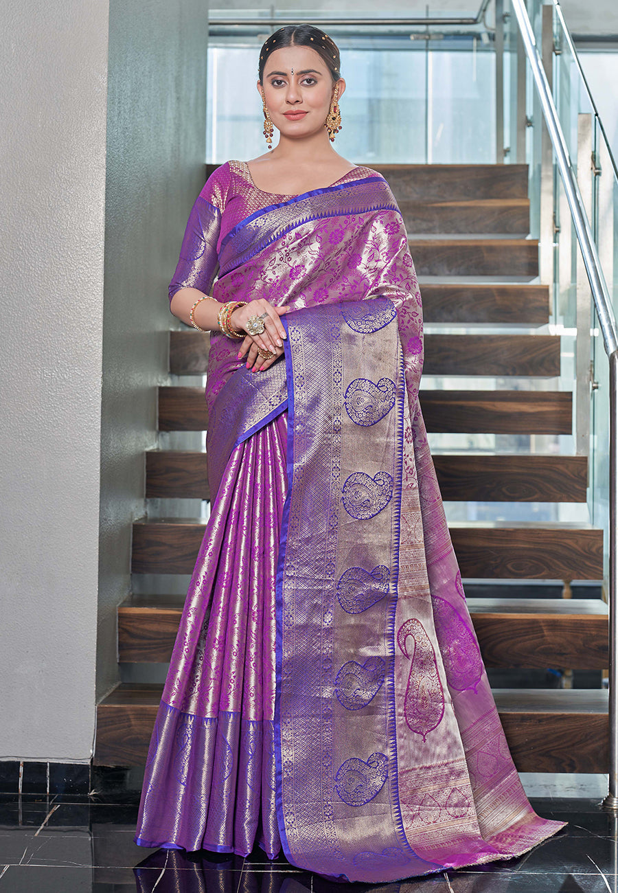 Kanchipuram Silk Jaal Rich Zari Woven Purple Colour Saree