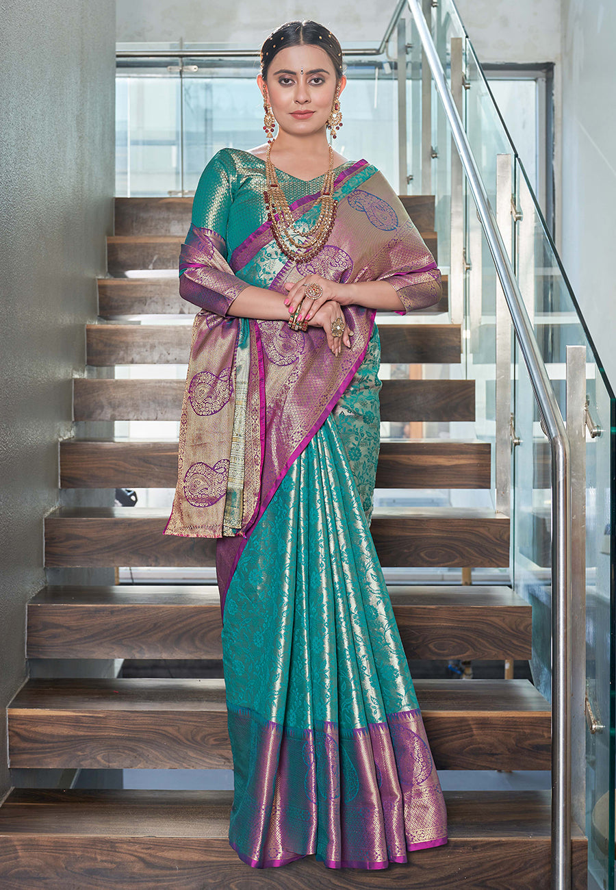 Kanchipuram Silk Jaal Rich Zari Woven Rama Colour Saree