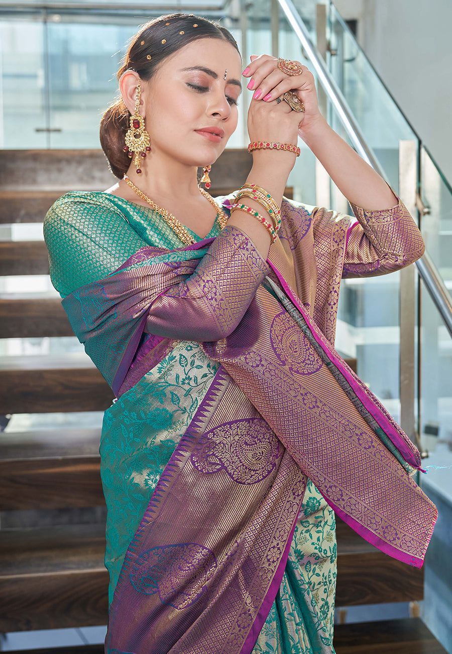 Kanchipuram Silk Jaal Rich Zari Woven Rama Colour Saree