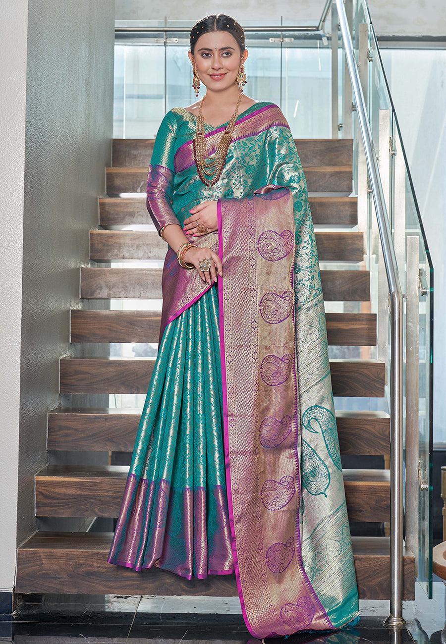 Kanchipuram Silk Jaal Rich Zari Woven Rama Colour Saree