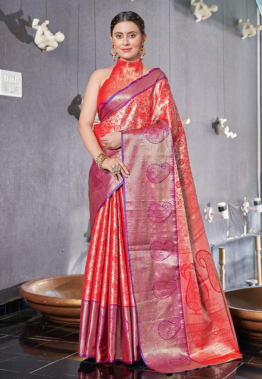 Kanchipuram Silk Jaal Rich Zari Woven Red Colour Saree