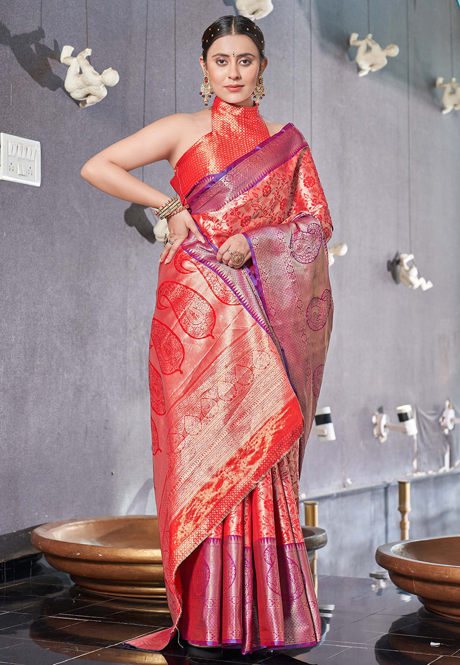 Kanchipuram Silk Jaal Rich Zari Woven Red Colour Saree