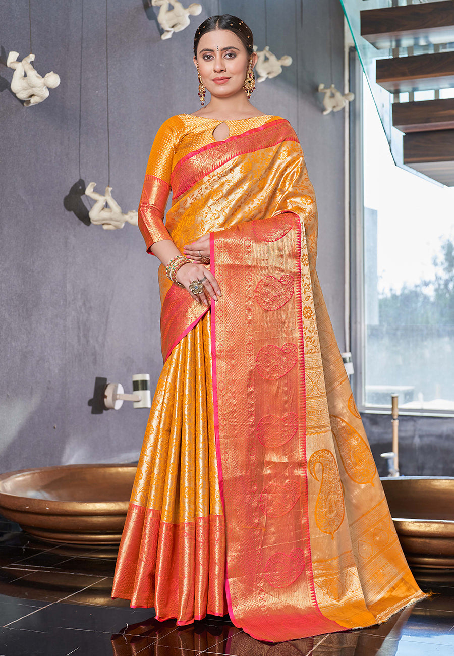 Kanchipuram Silk Jaal Rich Zari Woven Yellow Colour Saree