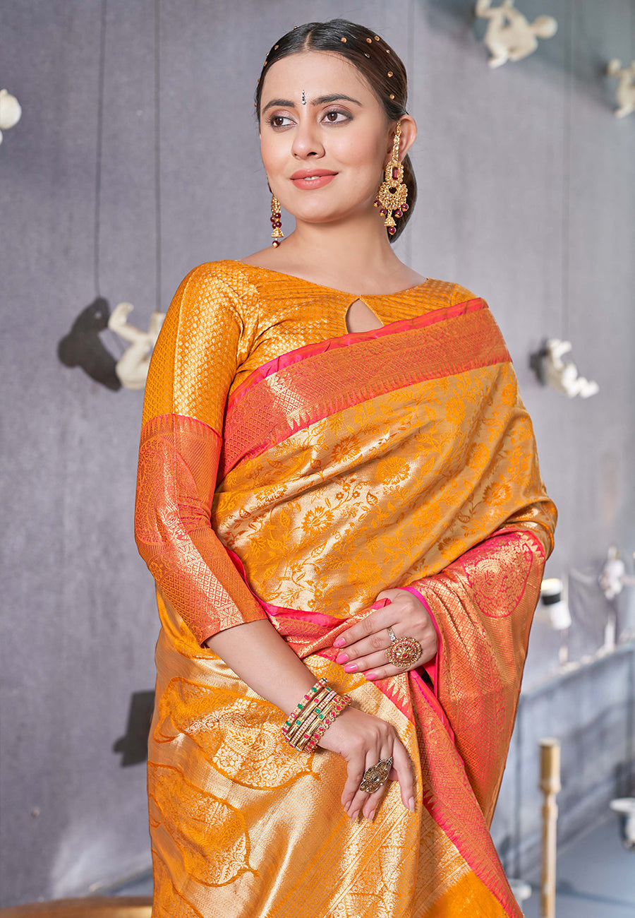 Kanchipuram Silk Jaal Rich Zari Woven Yellow Colour Saree