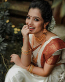 White & Red Palkhi Archaic Traditional Kanchi Soft Silk Sari With Attached Blouse