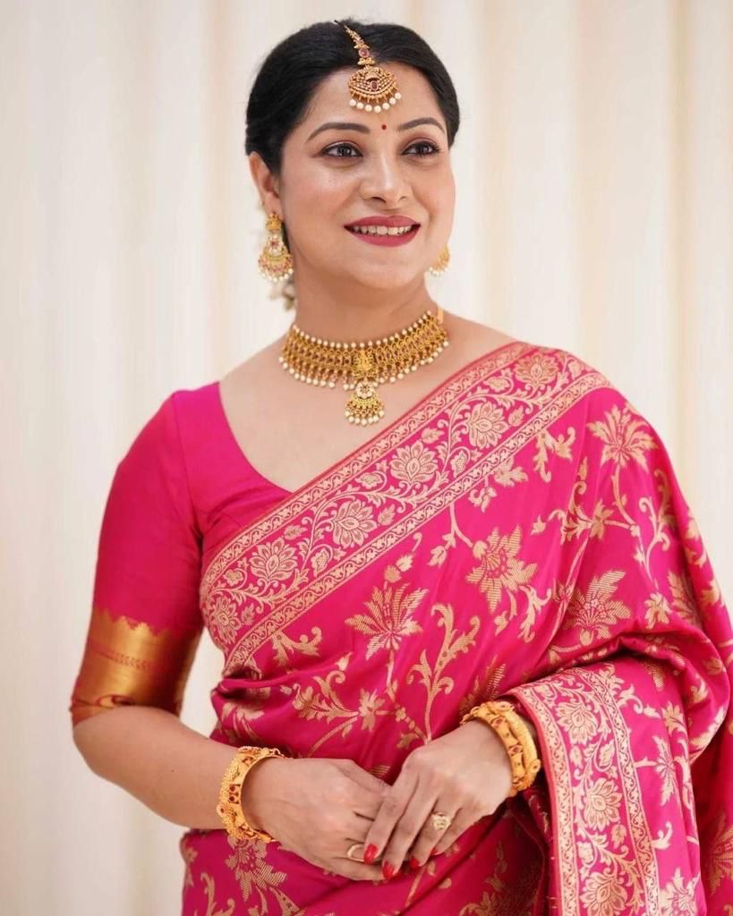 Carmine Pink Banarasi Silk Saree