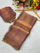 Maroon Tissue Dupatta with Golden Lace Border