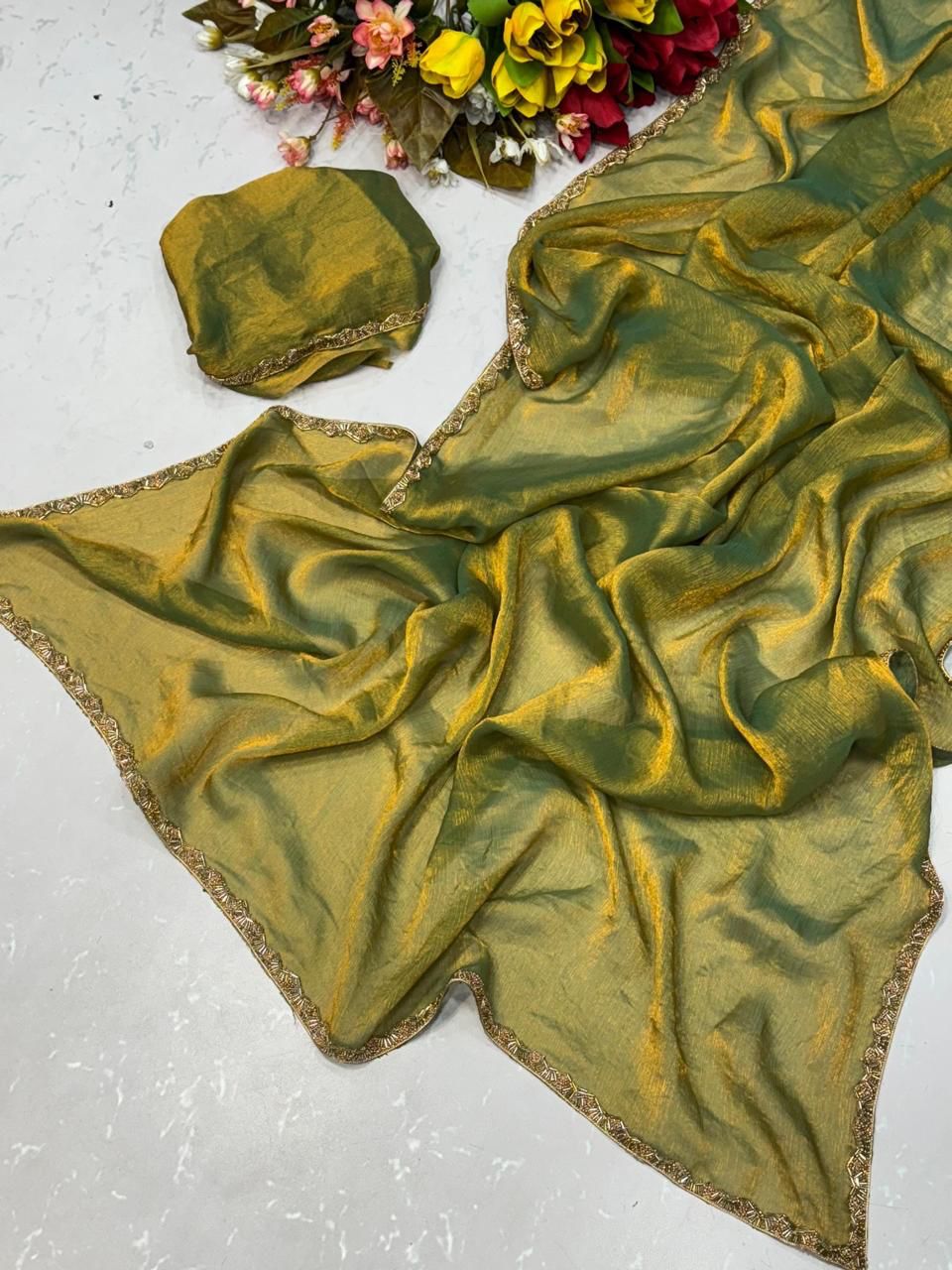 Green Tissue Dupatta with Golden Lace Border