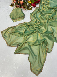 Pistachio Green Tissue Dupatta with Golden Lace Border
